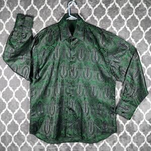 Angelino for Bermuda Men Shirt Men Size 4XL Green Black Paisley Brocade Flashy